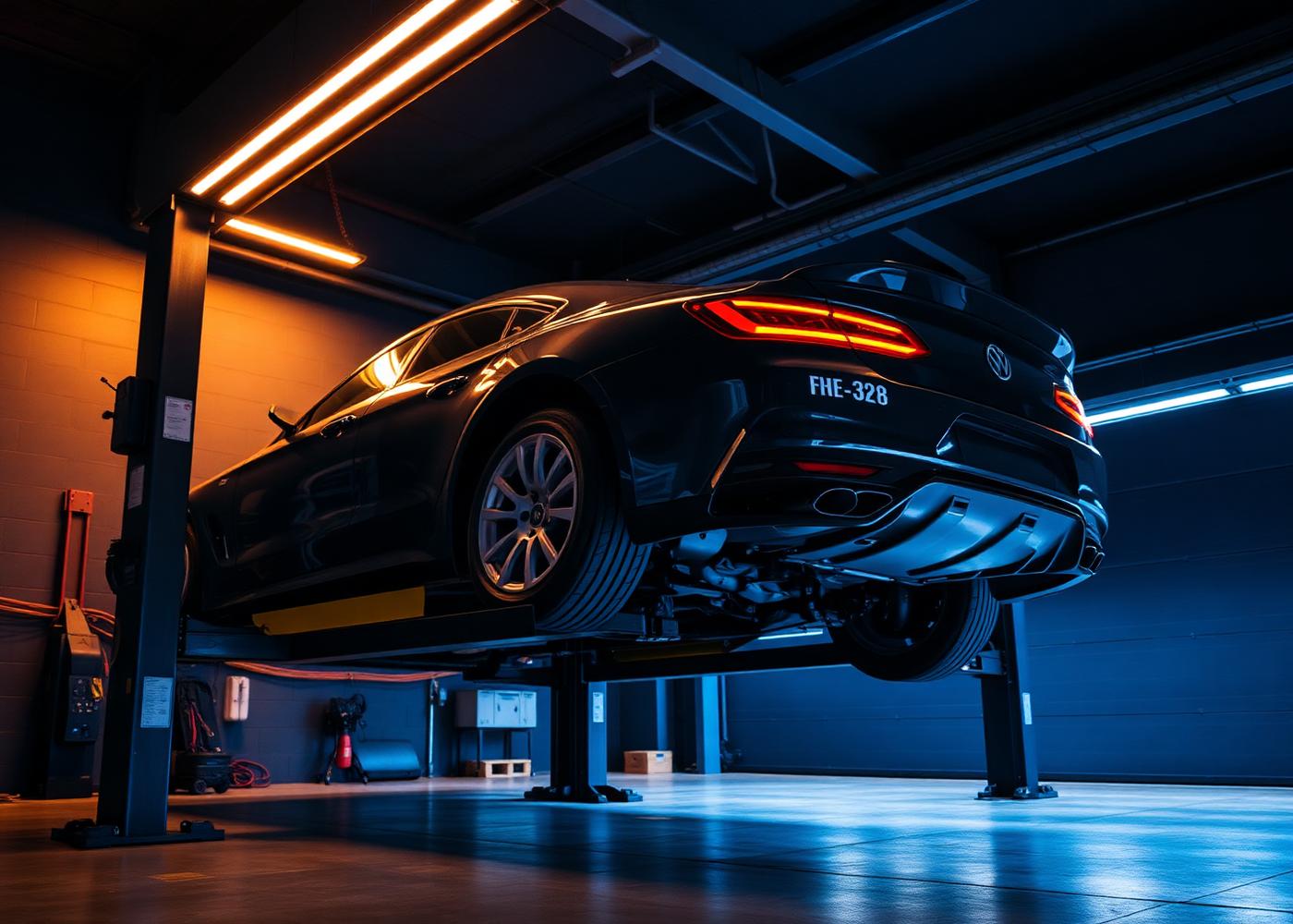 Car raised on a two-post lift inside the Grace Car Services workshop